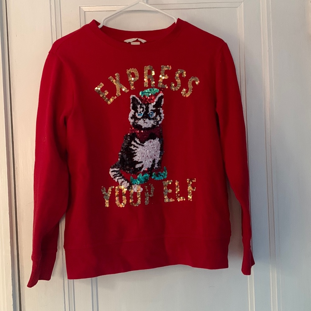 H&M Red Express Your Elf Cat Sequin Holiday Sweater